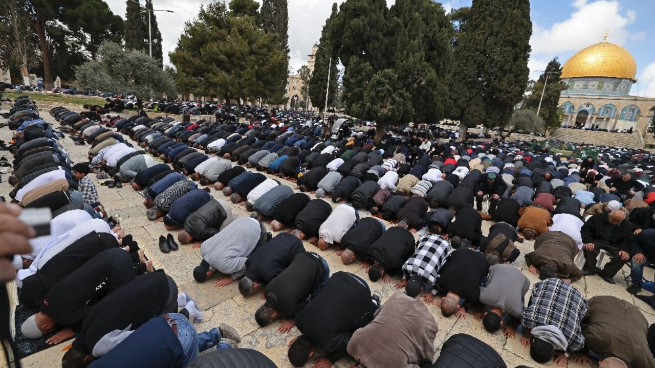 Palestinians join the first Friday prayers of Ramadan in the Al-Aqsa mosque compound in Israeli-annexed east Jerusalem, a flashpoint in previous years