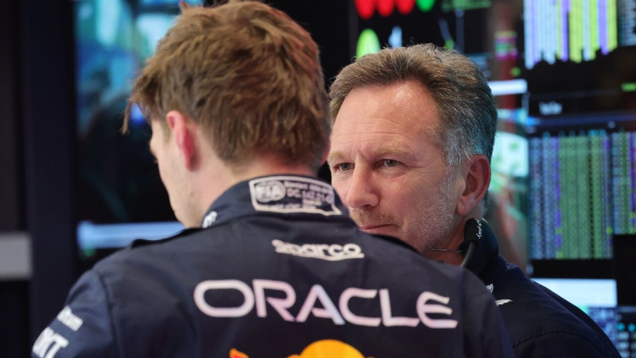 Christian Horner (right) with Max Verstappen at practice in Jeddah on Thursday