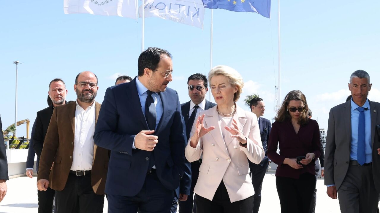 Cyprus President Nikos Christodoulides and European Commission President Ursula von der Leyen inspect Larnaca port on March 8