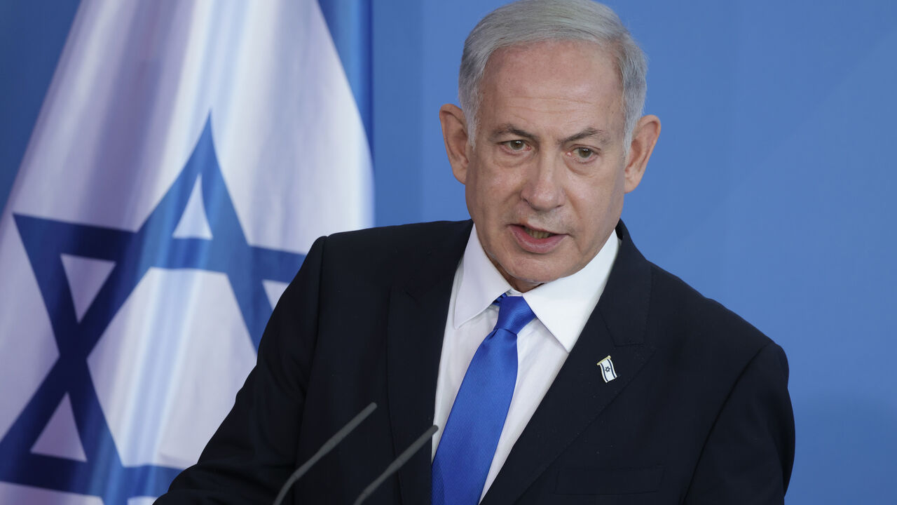 Israeli Prime Minister Benjamin Netanyahu and German Chancellor Olaf Scholz (not pictured) speak to the media following talks at the Chancellery on March 16, 2023 in Berlin, Germany. 