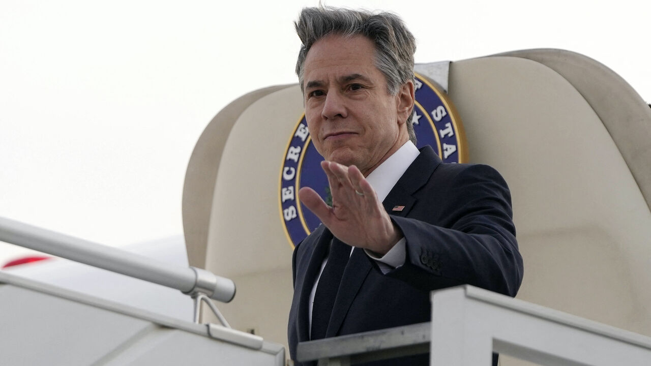 US Secretary of State Antony Blinken disembarks from the plane upon his arrival at King Khalid International Airport in the Saudi capital Riyadh on Feb. 5, 2024.  