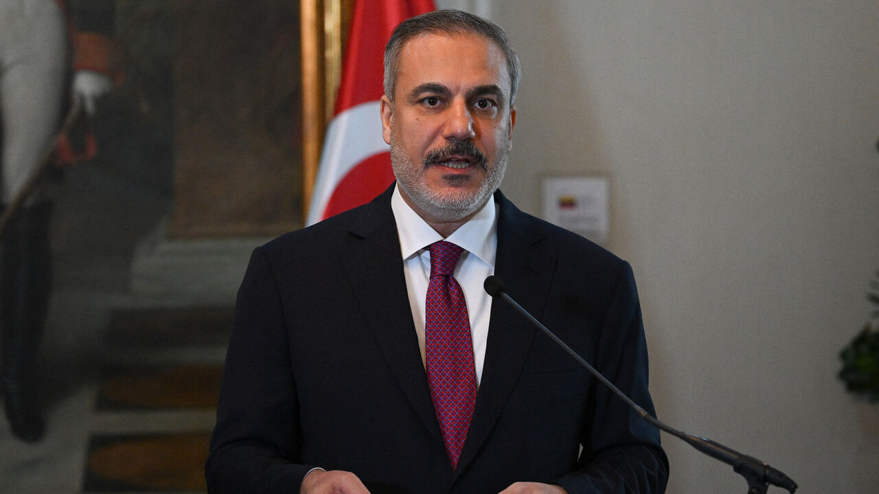 Turkish Minister of Foreign Affairs Hakan Fidan speaks during a press conference at the Ministry of Foreign Affairs of Venezuela in Caracas on Feb. 24, 2024. 