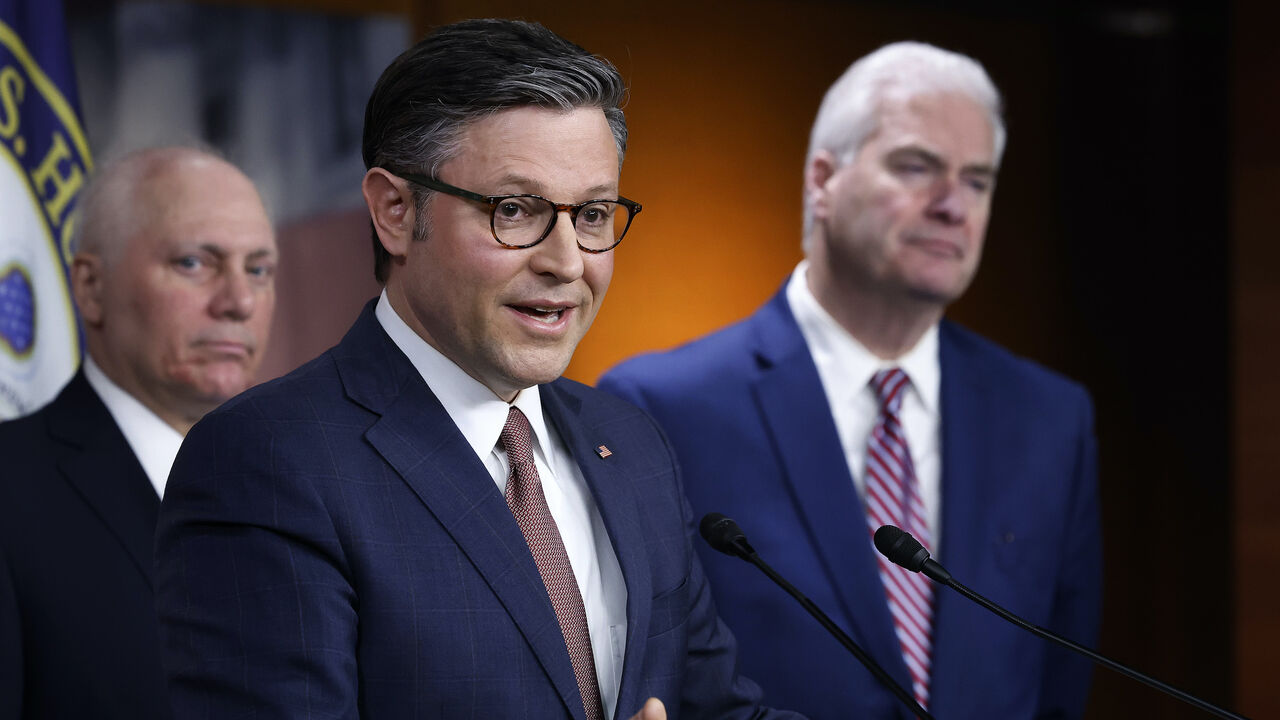 Speaker of the House Mike Johnson (R-LA) (C) speaks during a news conference with Majority Leader Steve Scalise (R-LA) (L) and Majority Whip Tom Emmer (R-MN) following a closed-door caucus meeting at the U.S. Capitol Visitors Center on March 20, 2024 in Washington, DC.