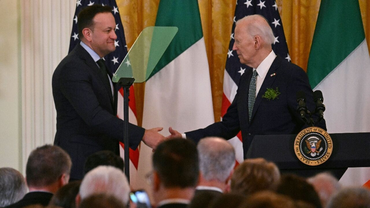 US President Joe Biden (R) shakes hands with Taoiseach of Ireland Leo Varadkar during a St. Patrick’s Day Celebration in the East Room of the White House in Washington, DC, on March 17, 2024 US President Joe Biden (R) shakes hands with Taoiseach of Ireland Leo Varadkar during a St. Patrick’s Day Celebration in the East Room of the White House in Washington, DC, on March 17, 2024