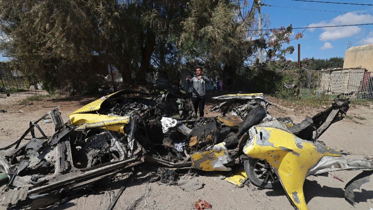 A car destroyed by Israeli bombardment in Rafah, the crowded southern Gaza Strip area where around 1.5 million people have sought refuge