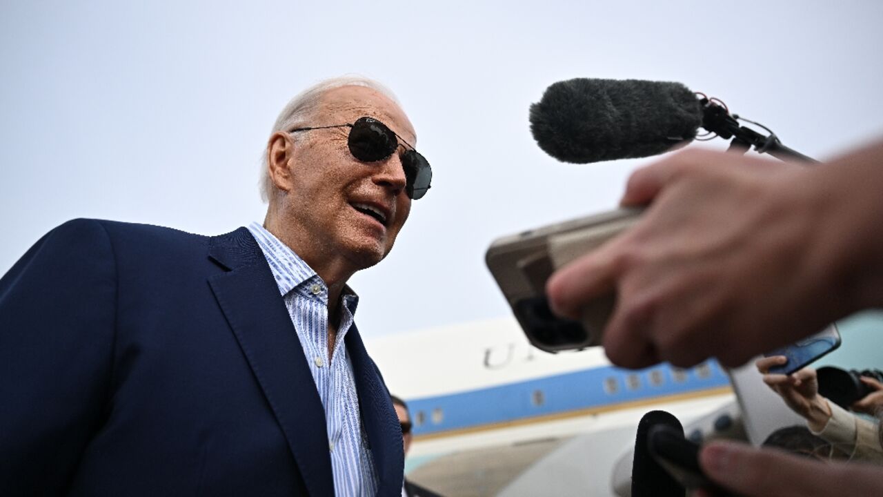 US President Joe Biden speaks to the press before boarding Air Force One at Joint Base Andrews 