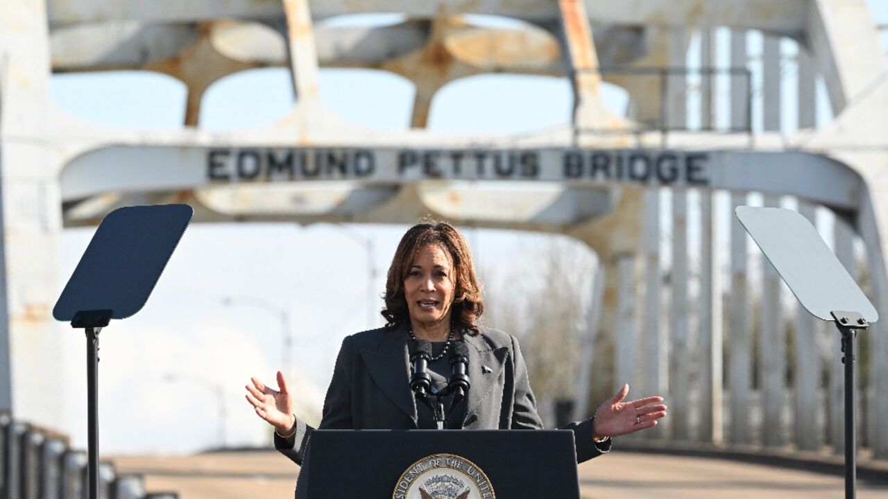 US Vice President Kamala Harris speaks at the Edmund Pettus Bridge during an event to commemorate the 59th anniversary of "Bloody Sunday" in Selma, Alabama US Vice President Kamala Harris speaks at the Edmund Pettus Bridge during an event to commemorate the 59th anniversary of "Bloody Sunday" in Selma, Alabama
