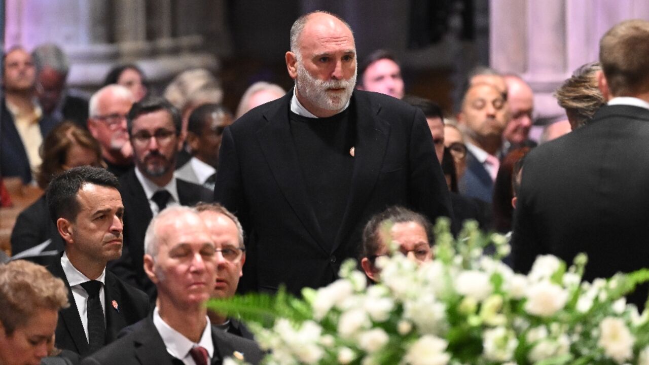 World Central Kitchen founder Jose Andres at the memorial service for seven aid workers killed in Gaza, at the Washington National Cathedral on April 25, 2024