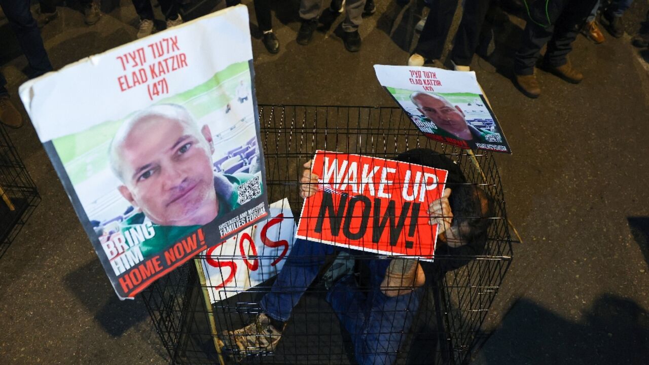 A portrait of Elad Katzir featured in a protest on March 26, 2024 by relatives and supporters of the hostages held by militants in Gaza