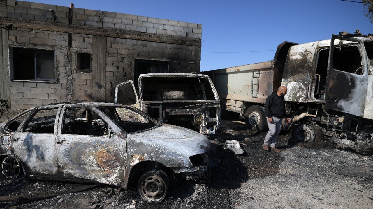 The damage left from a raid by Israeli settlers in the West Bank village of Al-Mughayyir The damage left from a raid by Israeli settlers in the West Bank village of Al-Mughayyir