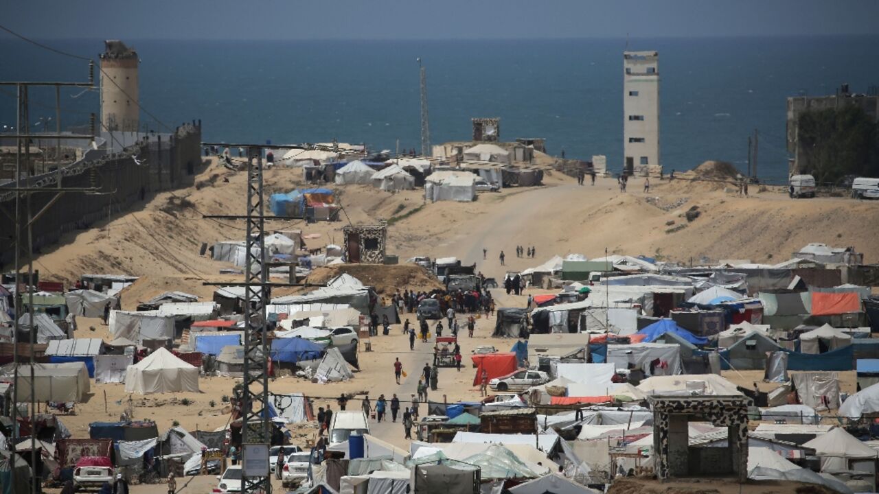 A camp for displaced people in Rafah in the southern Gaza Strip by the border with Egypt on April 28, 2024, amid the ongoing conflict between Israel and Hamas