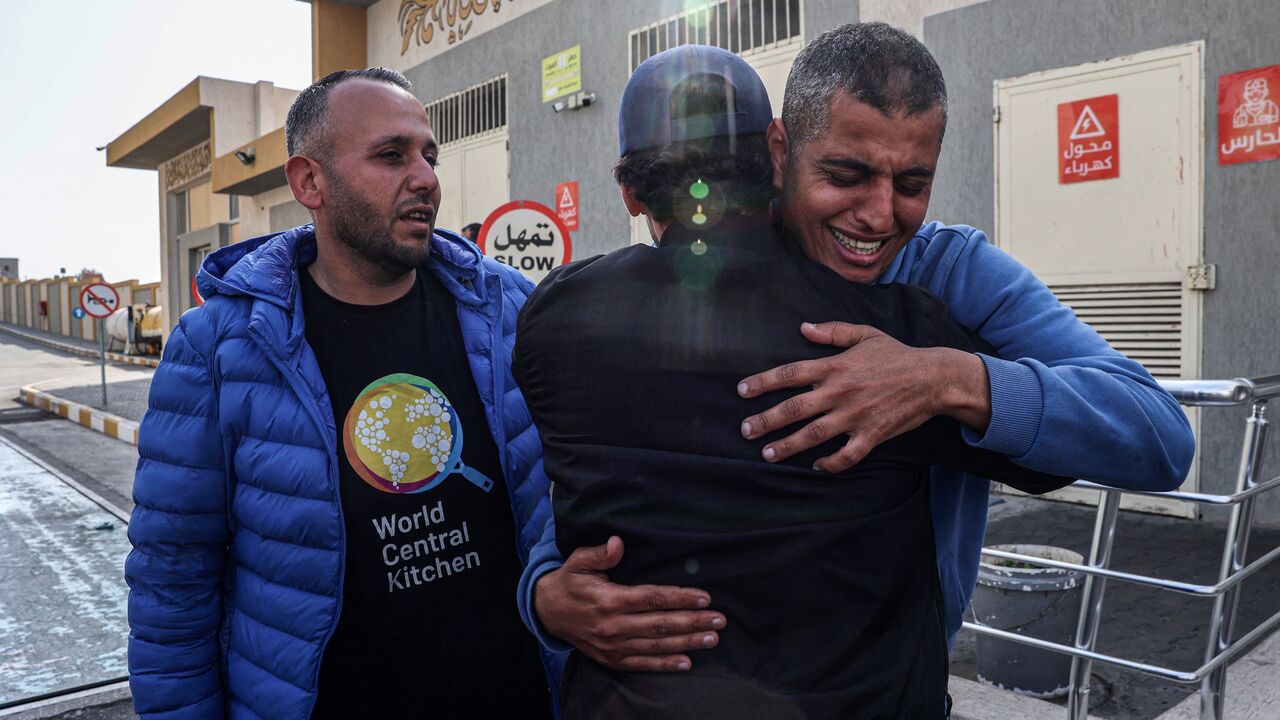 Relatives and friends mourn the death of Saif Abu Taha, a staff member of the US-based aid group World Central Kitchen.