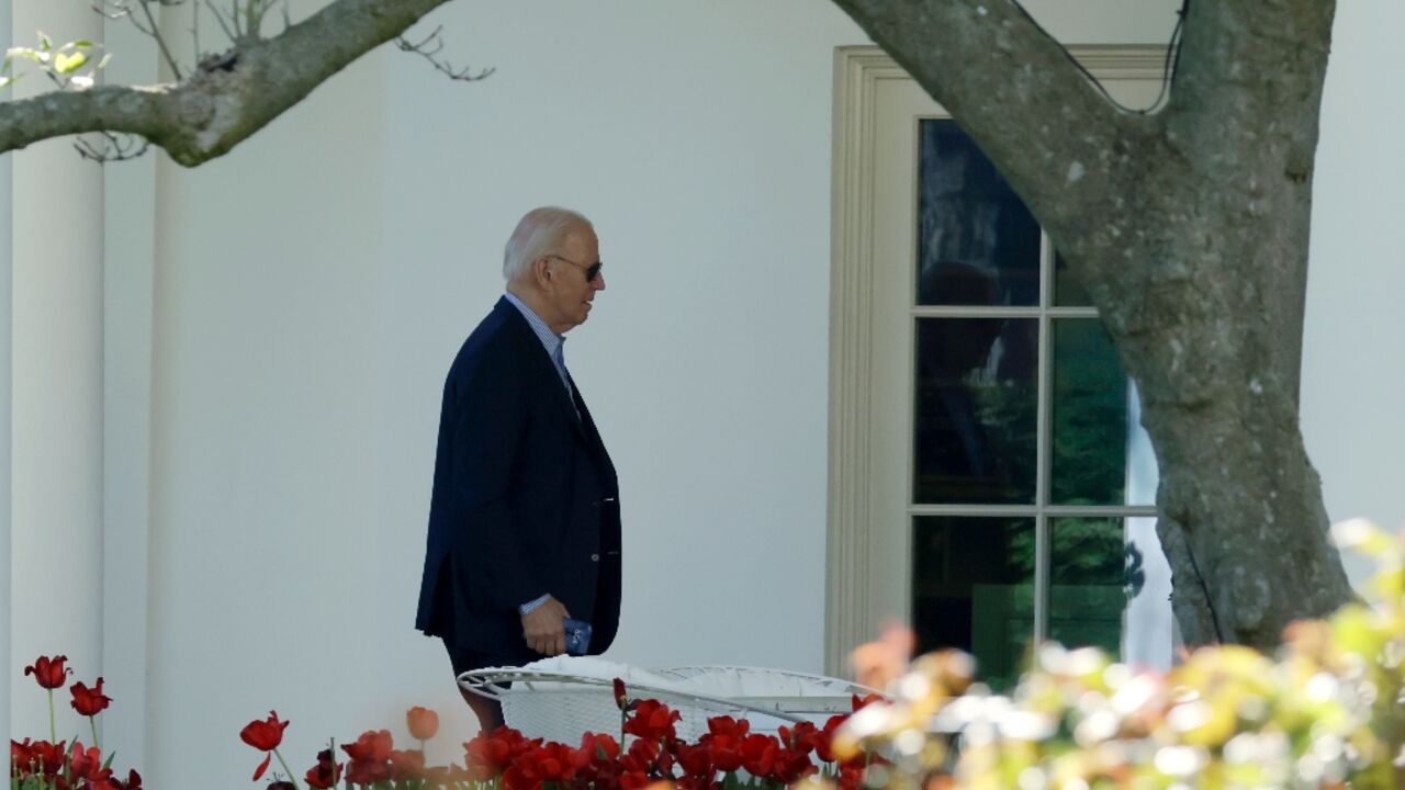 US President Joe Biden arrives at the White House in Washington, DC, on April 13, 2024. Biden cut short a weekend trip to Delaware on Saturday to return to Washington for urgent consultations on the Middle East, the White House said. Iran launched drones at Israel directly from its territory Saturday, the Israeli army said.