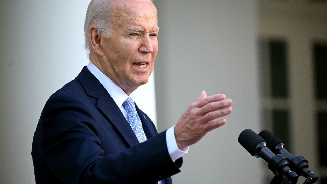 US President Joe Biden speaks at a celebration for Jewish American Heritage Month at the Rose Garden of the White House in Washington, DC on May 20, 2024 US President Joe Biden speaks at a celebration for Jewish American Heritage Month at the Rose Garden of the White House in Washington, DC on May 20, 2024