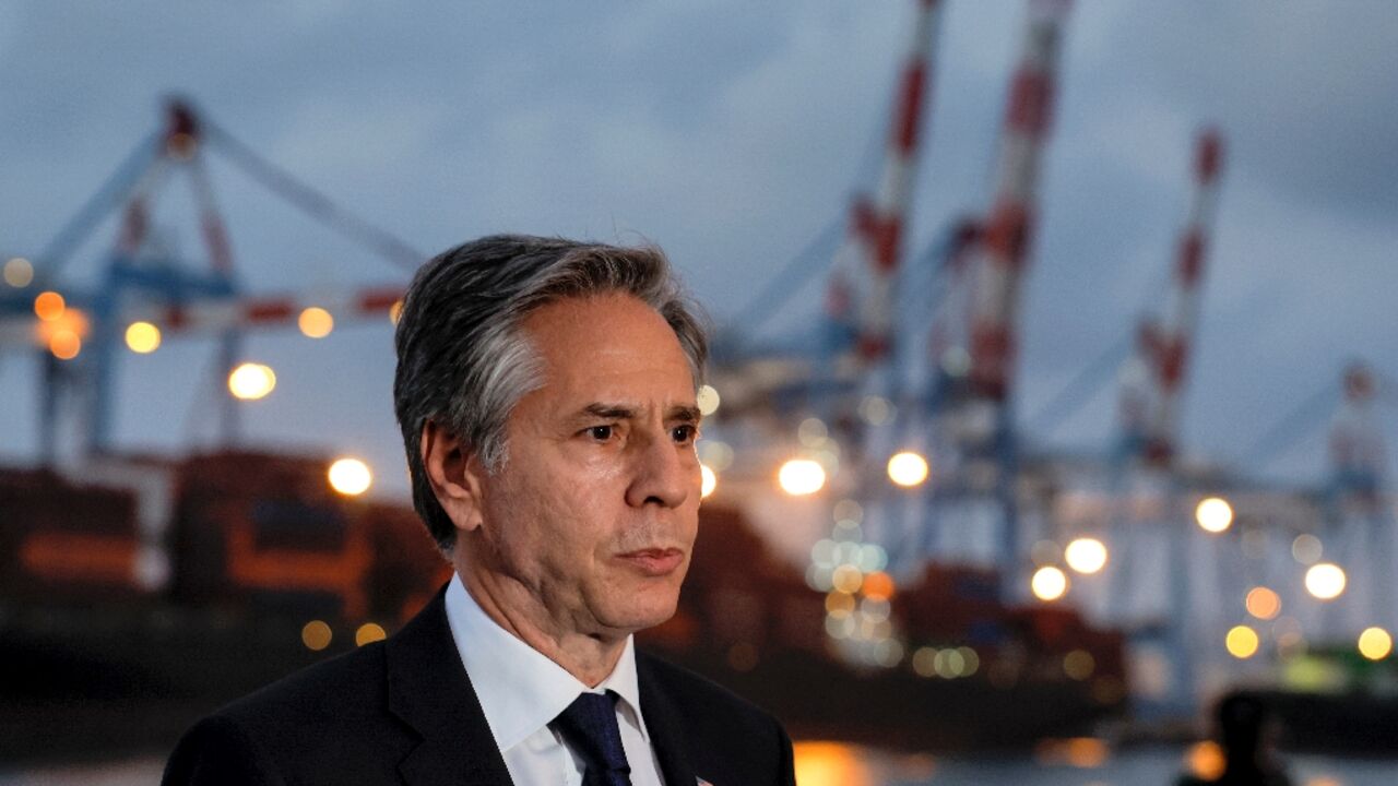 US Secretary of State Antony Blinken speaks to the press at the port of Ashdod in southern Israel on May 1, 2024 US Secretary of State Antony Blinken speaks to the press at the port of Ashdod in southern Israel on May 1, 2024
