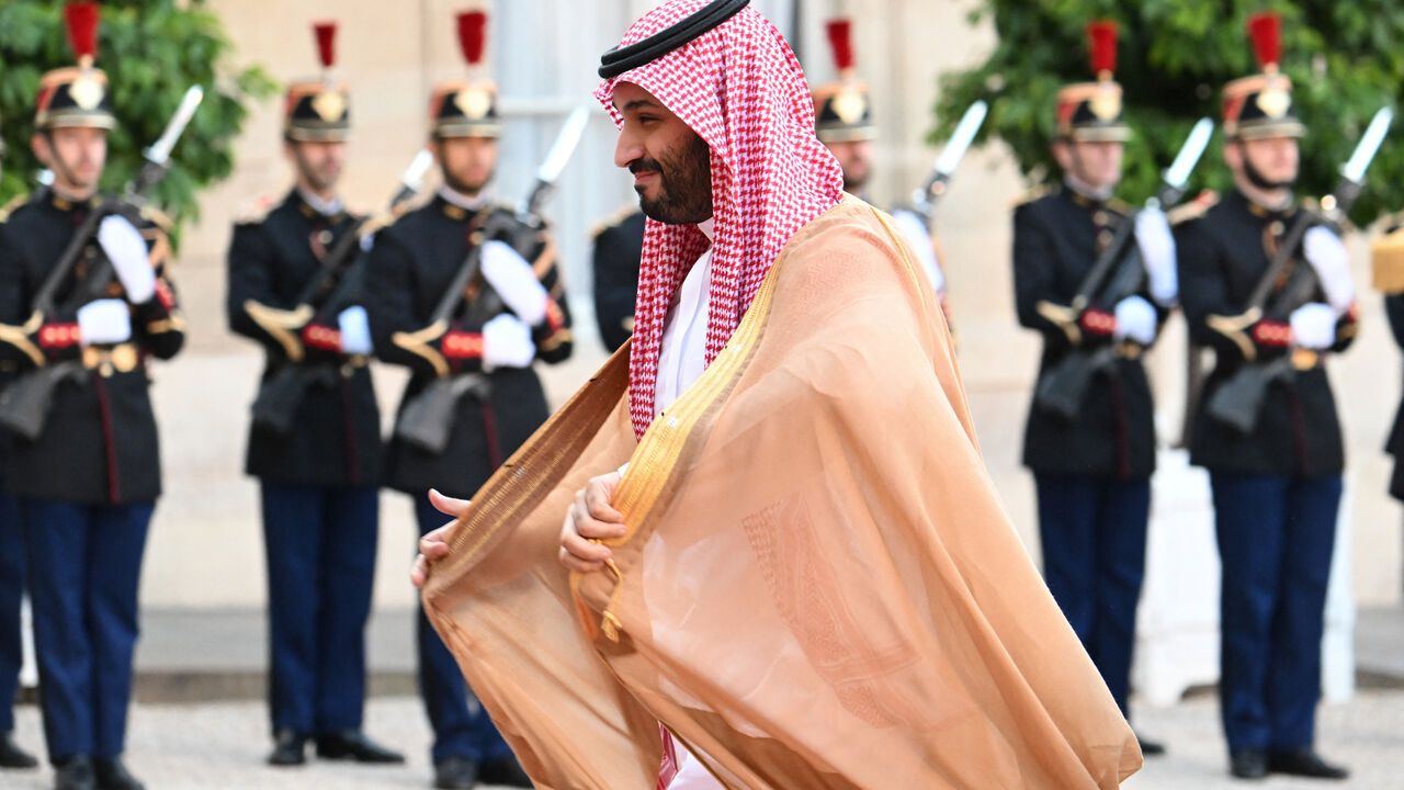 Saudi Crown Prince Mohammed bin Salman arrives at presidential Elysee Palace to meet France's President in Paris on July 28, 2022. French President Emmanuel Macron host Saudi Arabia's Crown Prince Mohammed bin Salman for talks in Paris on July 28, 2022, outraging rights groups and the fiancee of slain Saudi journalist Jamal Khashoggi. (Photo by Bertrand GUAY / AFP) (Photo by BERTRAND GUAY/AFP via Getty Images)