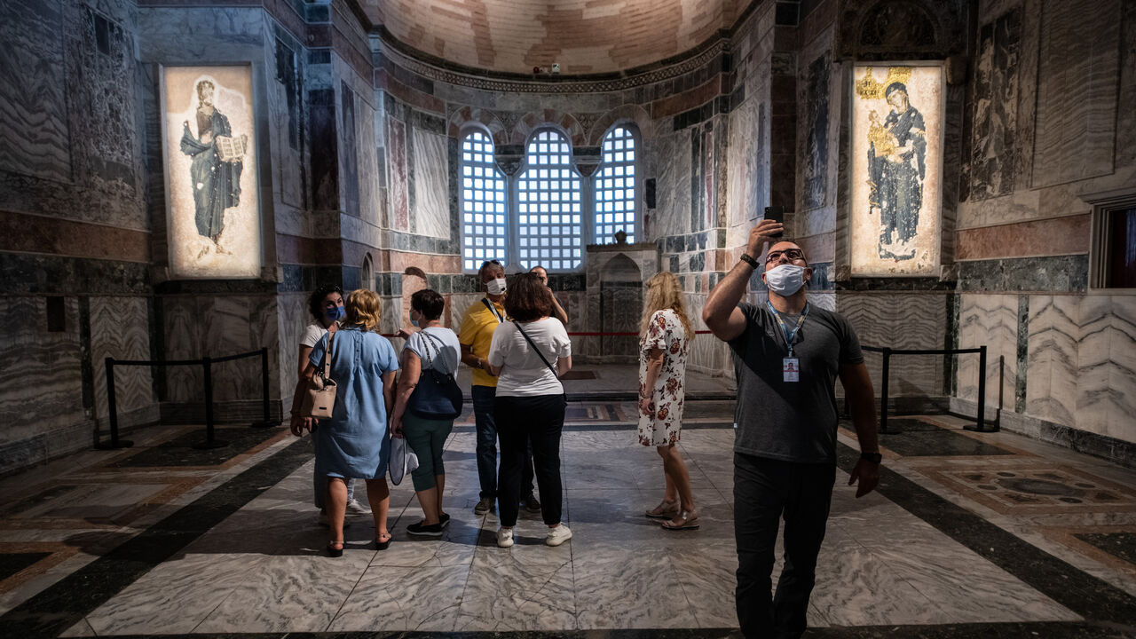 Tourists visit the Chora (Kariye) Church Museum, the 11th century church of St. Savior on August 21, 2020 in Istanbul, Turkey. 