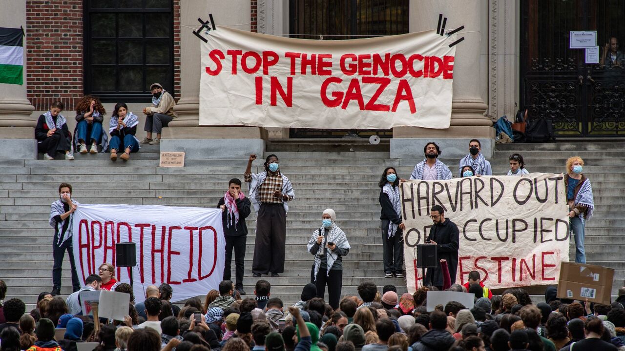 Supporters of Palestine gather at Harvard University to show their support for Palestinians in Gaza at a rally in Cambridge, Massachusetts, on Oct. 14, 2023.