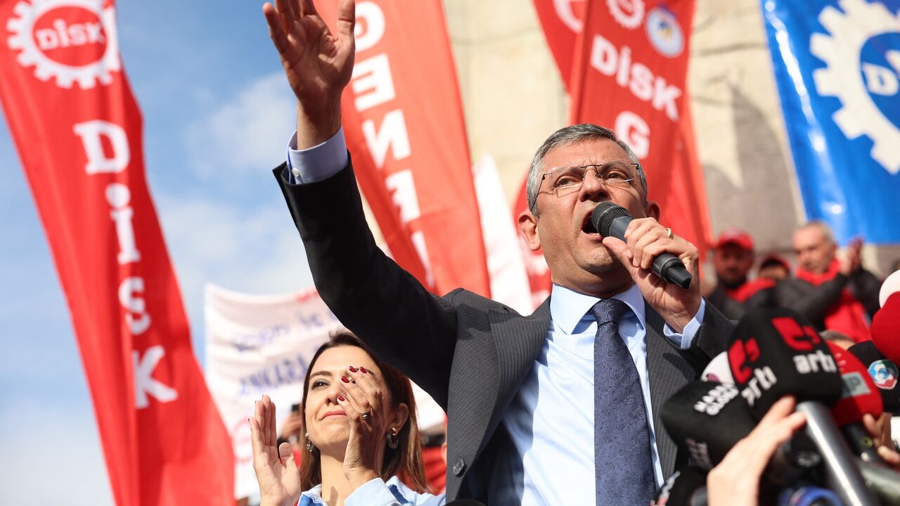 Chairman of the main opposition Republican People's Party (CHP) in Turkey, Ozgur Ozel, delivers a speech during a rally by members of the Confederation of Revolutionary Trade Unions (Disk) calling for economic justice and protesting against the increasing tax burden on workers in Ankara on Nov. 17, 2023. 