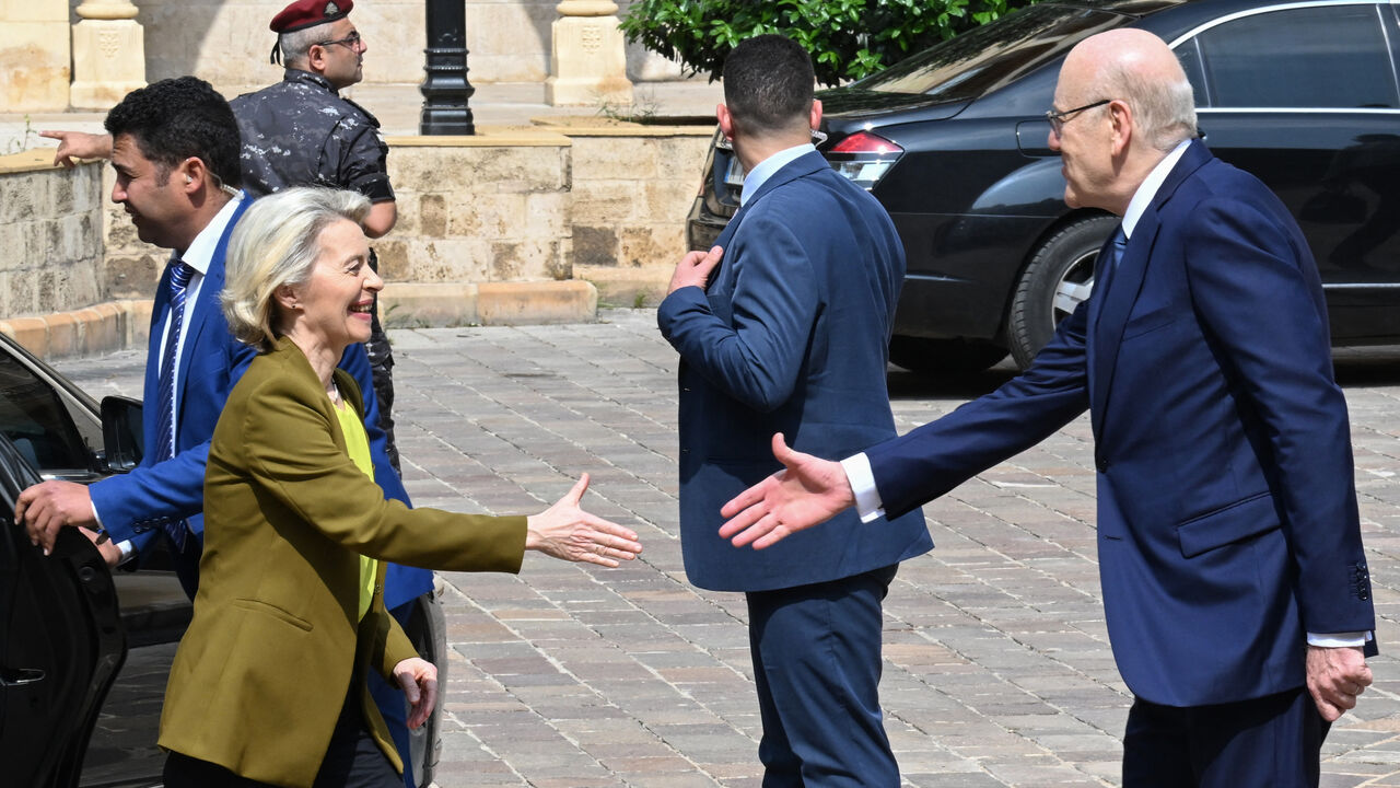 Lebanon's Prime Minister Najib Mikati welcomes European Commission President Ursula von der Leyen at the Grand Serail government headquarters in Beirut on May 2, 2024. During the visit, EU chief Ursula von der Leyen announced $1 billion in aid for Lebanon as the east Mediterranean country struggles with an economic meltdown exacerbated by a migrant crisis and the threat of war with Israel. (Photo by JOSEPH EID / AFP) (Photo by JOSEPH EID/AFP via Getty Images)