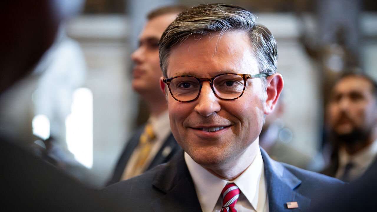 House Speaker Mike Johnson (R-LA) greets people attending the unveiling of a statue of evangelist Rev. William Franklin "Billy" Graham, Sr. at the Capitol in Statuary Hall, Washington, DC, May 16, 2024. 