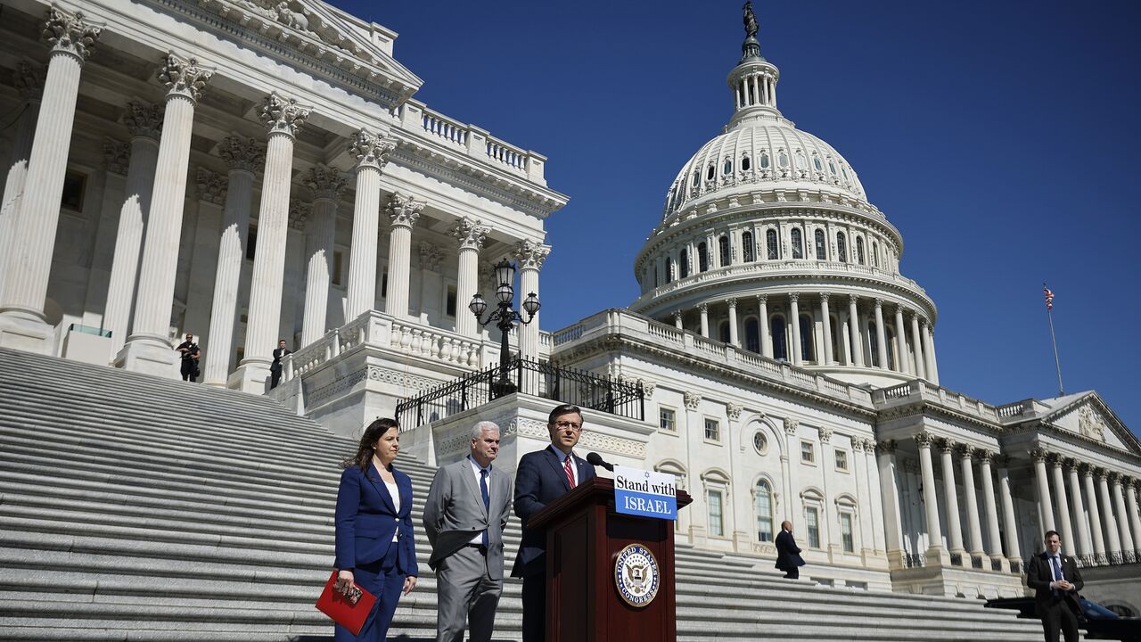 Speaker of the House Mike Johnson (R-LA) calls on the Senate to take up the Israel Security Assistance Support Act during a news conference.