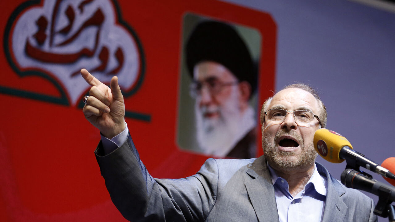 Iranian conservative presidential candidate and Tehran mayor Mohammad Bagher Ghalibaf gives an address during a campaign rally in the Iranian capital Tehran on May 14, 2017. (Photo by ATTA KENARE / AFP) (Photo by ATTA KENARE/AFP via Getty Images)