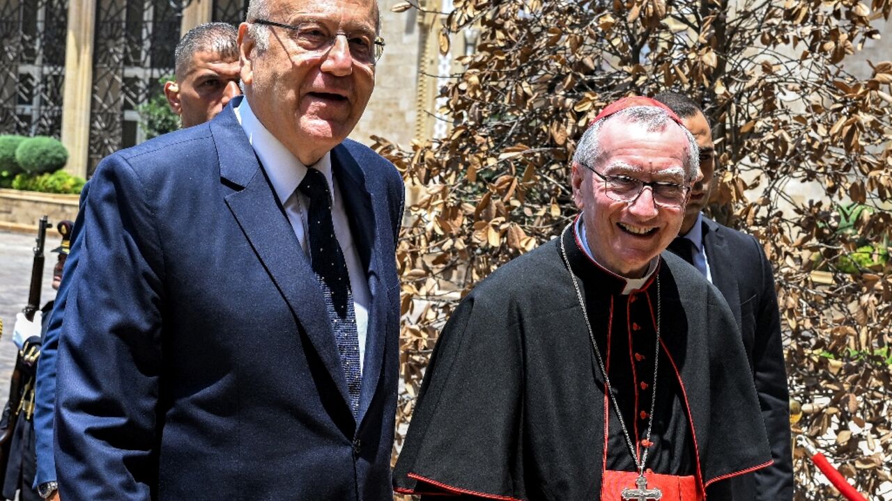 Prime Minister Najib Mikati welcomes Cardinal Parolin at the government palace in Beirut