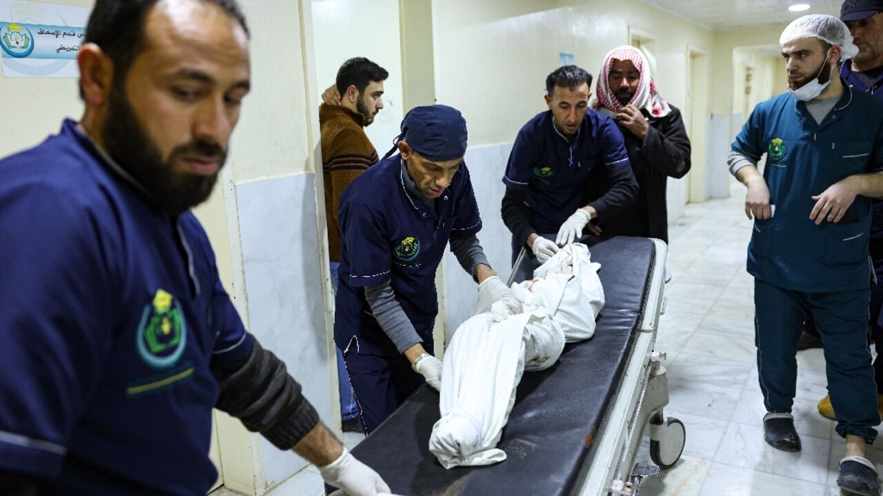 The body of a victim in the Syrian civil war is carried away at the hospital in Idlib The body of a victim in the Syrian civil war is carried away at the hospital in Idlib