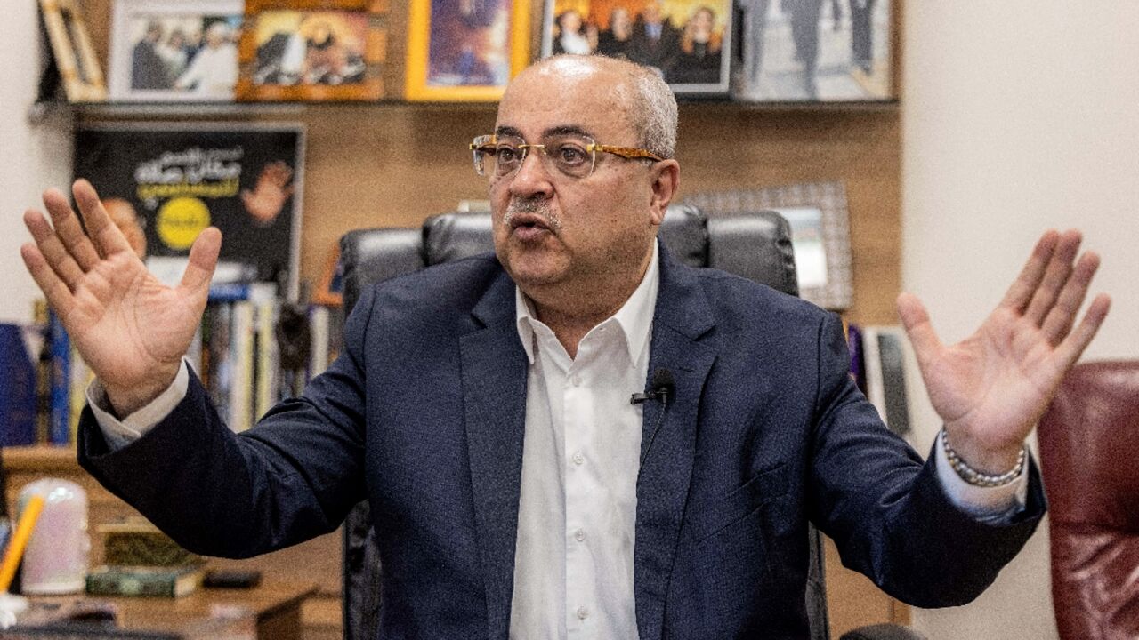 Ahmad Tibi, an Arab MP in Israel's parliament, speaks during an interview in his office