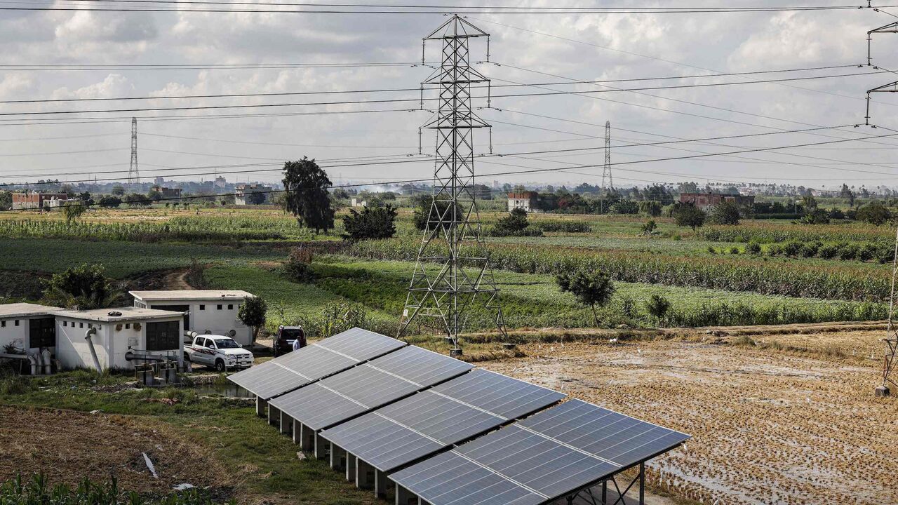 This picture taken on October 12, 2022 shows a view of solar panels used to power irrigation pumps along the Afir agricultural canal near the city of Kafr el-Dawwar in Egypt's northern province of Beheira. (Photo by Khaled DESOUKI / AFP) (Photo by KHALED DESOUKI/AFP via Getty Images)