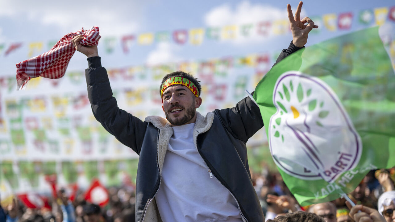 Supporters of the Pro-Kurdish Peoples' Equality and Democracy Party (DEM) take part in the Kurdish celebration of Nowruz (aka Noruz or Newroz), the New Year of the Persian calendar, in Istanbul on March 17, 2024.