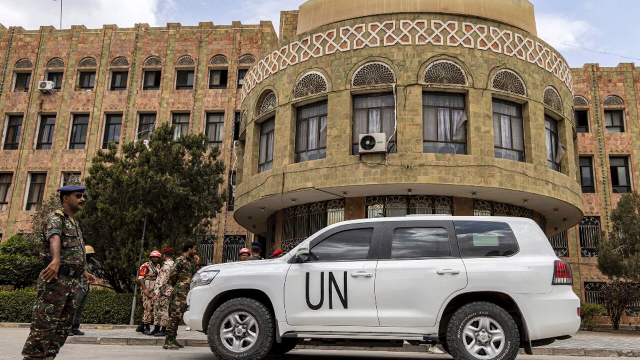 A United Nations vehicle in Yemen's third city of Taez, in February