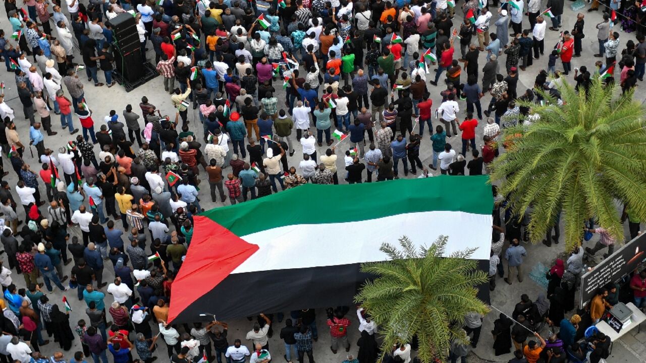 A rally to show solidarity with Palestinians held in the Maldives on October 14, 2023