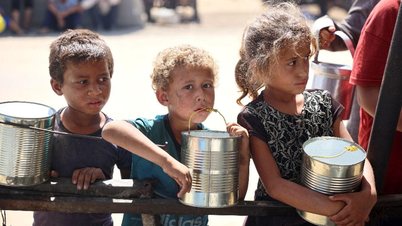 Displaced children wait for food being distributed in Khan Yunis, southern Gaza -- the World Health Organization said more than 8,000 children aged under five have been treated for acute malnutrition in Gaza Displaced children wait for food being distributed in Khan Yunis, southern Gaza -- the World Health Organization said more than 8,000 children aged under five have been treated for acute malnutrition in Gaza