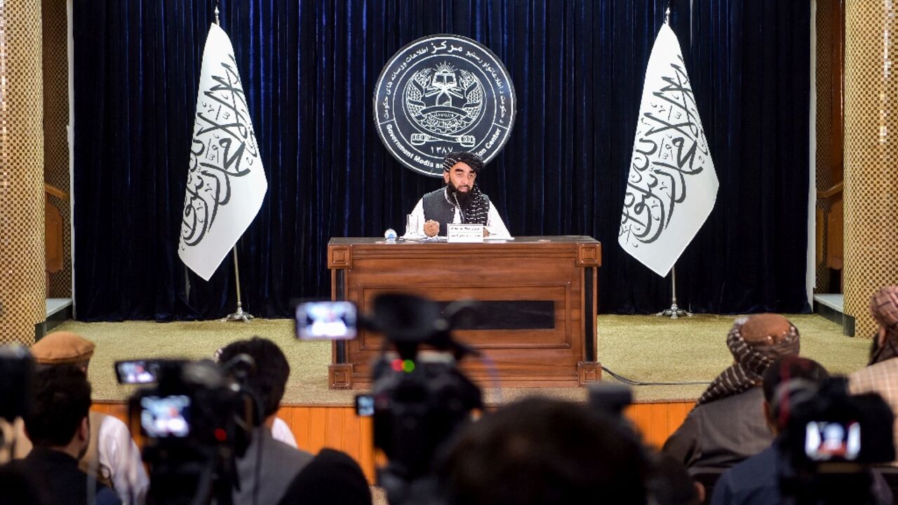 A Taliban spokesman addresses a press conference in Kabul on June 29, 2024