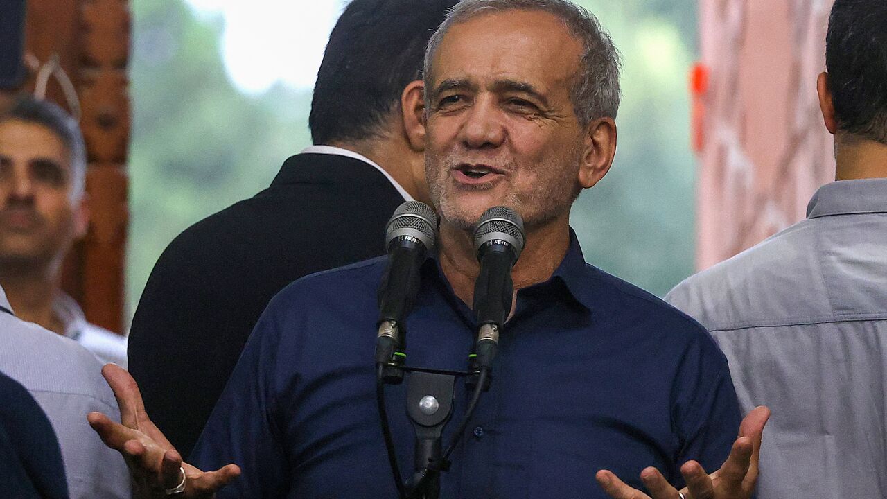 Newly elected Iranian President Masoud Pezeshkian speaks during a visit to the shrine of the Islamic Republic's founder Ayatollah Ruhollah Khomeini in Tehran on July 6, 2024.