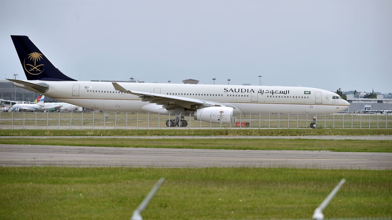 An Airbus A330 of Saudi airline company, also known as Saudi Arabian Airlines, lands in Toulouse, on July 22, 2017.