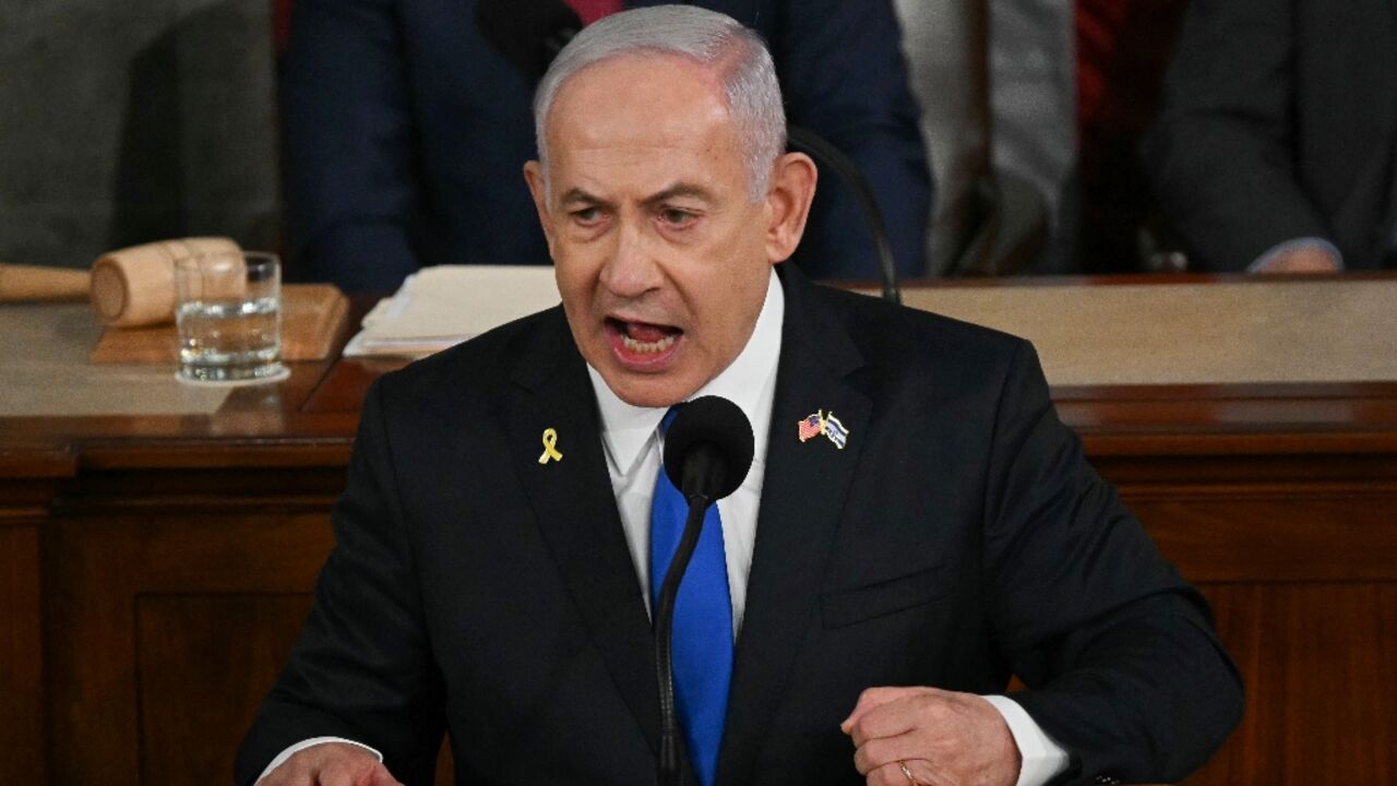 Israeli Prime Minister Benjamin Netanyahu addresses a joint meeting of Congress at the US Capitol on July 24, 2024 Israeli Prime Minister Benjamin Netanyahu addresses a joint meeting of Congress at the US Capitol on July 24, 2024