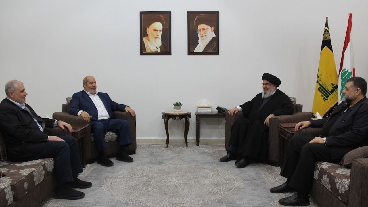 Hezbollah Secretary-General Hassan Nasrallah meets with Hamas deputy leader Khalil al-Hayya in Lebanon, July 5, 2024.