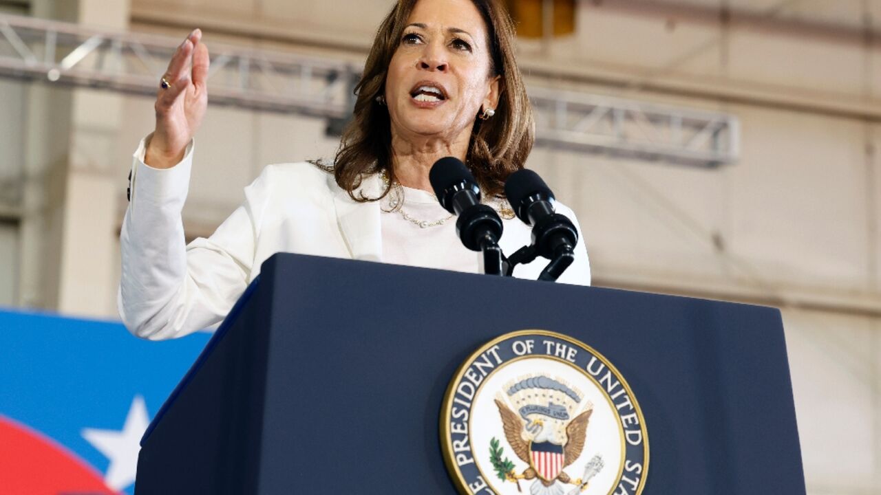 US Vice President and Democratic presidential candidate Kamala Harris speaks during a campaign rally in Romulus, Michigan, August 7, 2024