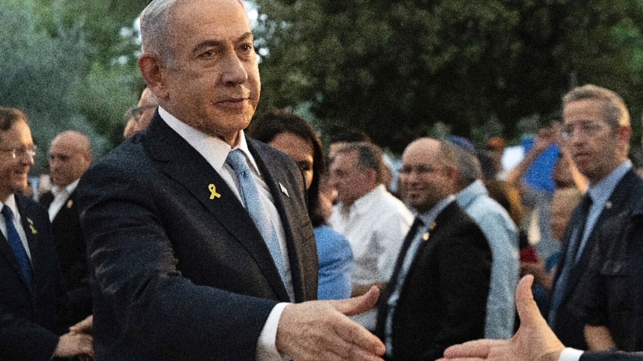 Israeli Prime Minister Benjamin Netanyahu speaks at the state memorial for Zionist leader Zeev Jabotinsky at Mount Herzl Military Cemetery in Jerusalem