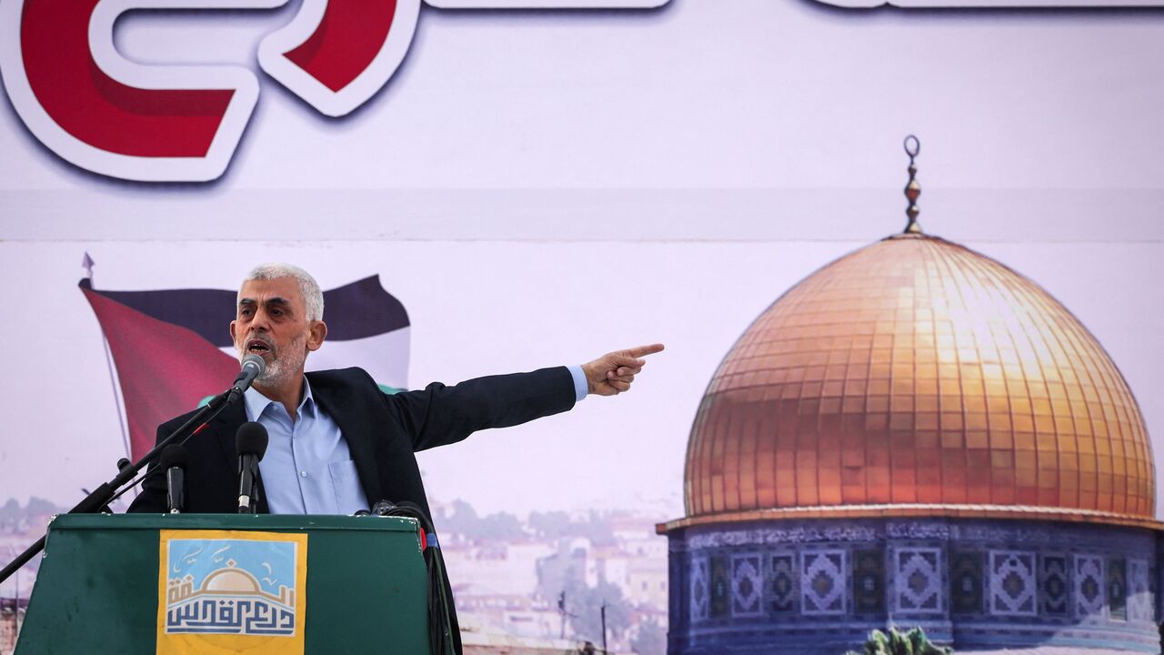 Yahya Sinwar addresses supporters during a rally marking Al-Quds (Jerusalem) Day, a commemoration in support of the Palestinian people celebrated annually on the last Friday of the Muslim fasting month of Ramadan, in Gaza City, on April 14, 2023. 