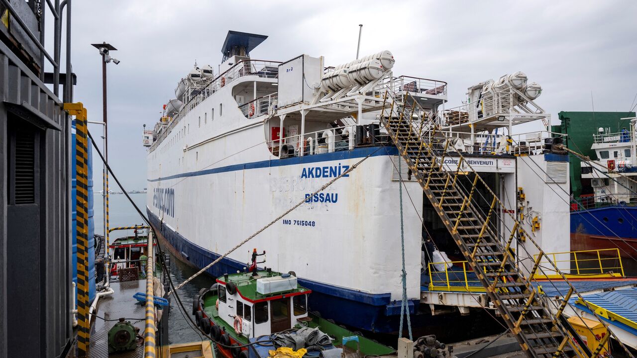 The Akdeniz RoRo, part of the Freedom Flotilla Coalition, is loaded with goods as it is anchored in Tuzla seaport, near Istanbul on April 19, 2024. 