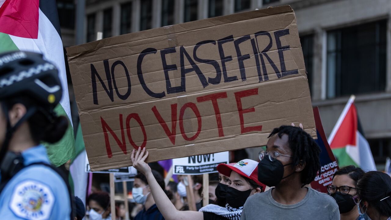 Pro-Palestine protesters march ahead of the Democratic National Convention on Aug. 18, 2024 in Chicago, Illinois.