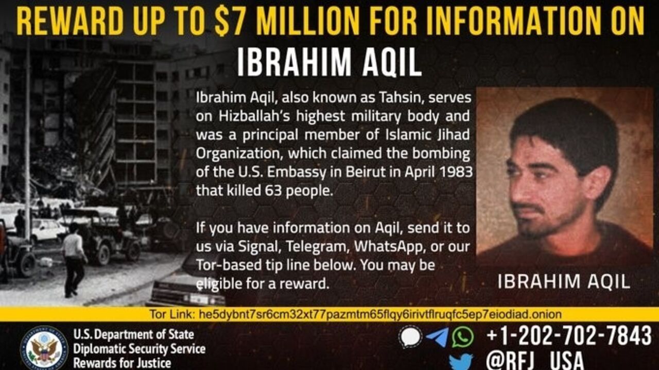 The United States was offering a $7 million reward for information on Aqil, whom it blamed for the 1983 bombing of its Beirut embassy