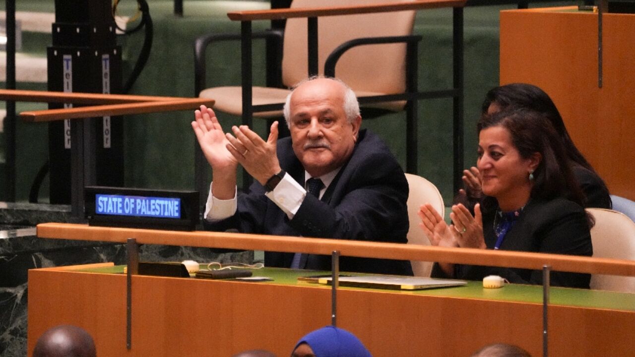There were 124 votes in favor, 14 against and a notable 43 abstentions with the Palestinian delegation heralding the adoption as 'historic' There were 124 votes in favor, 14 against and a notable 43 abstentions with the Palestinian delegation heralding the adoption as 'historic'