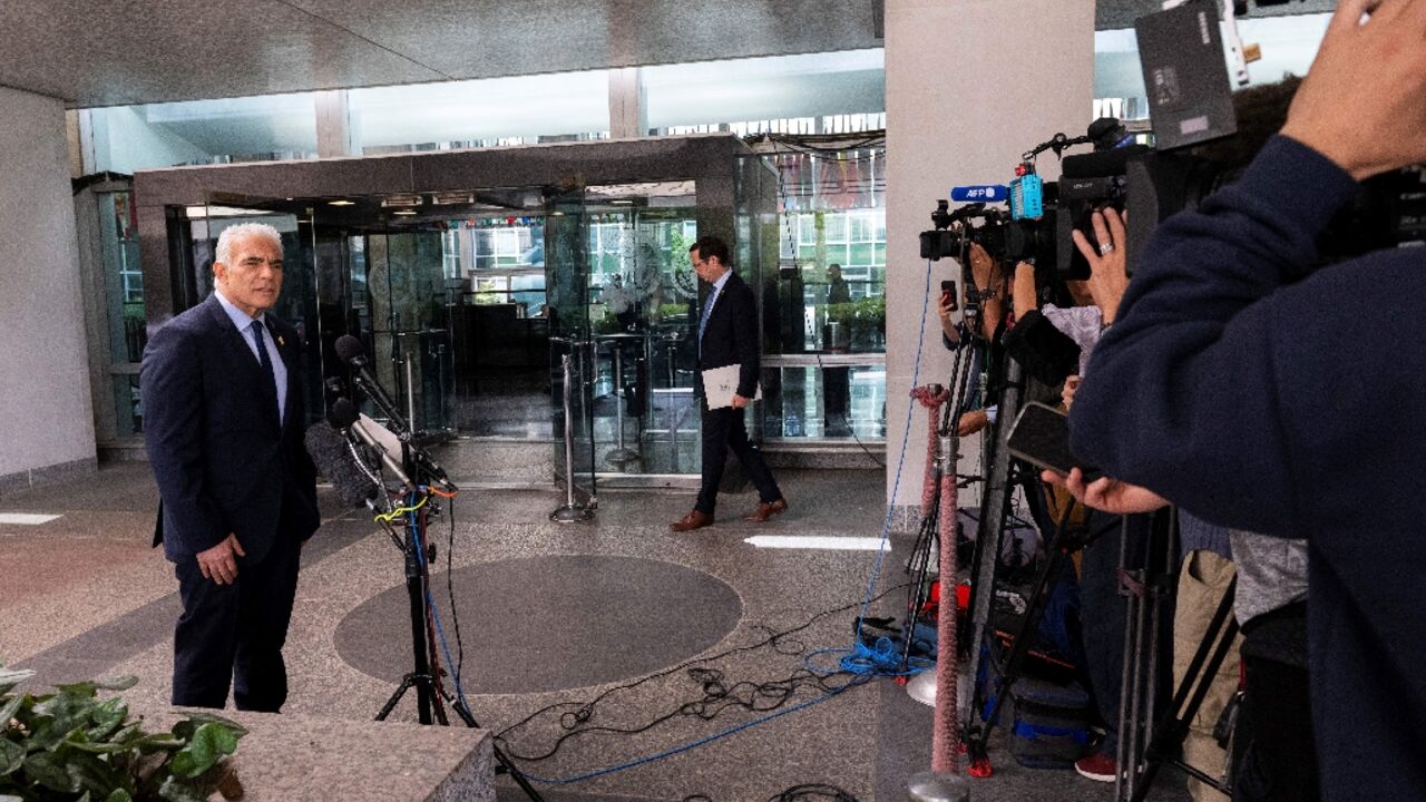 Israel's opposition leader and former prime minister Yair Lapid delivers a statement to the press following his meeting with US Secretary of State Antony Blinken at the State Department