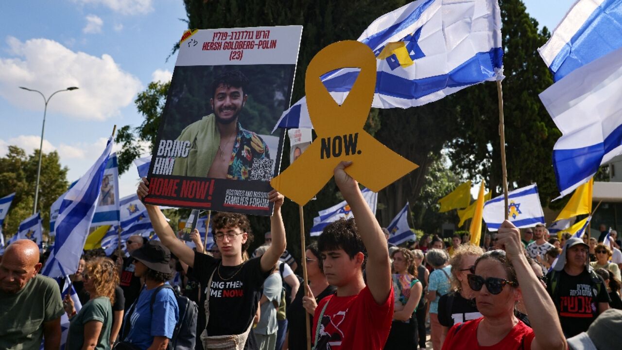 Relatives and supporters of the Israeli hostages protest outside the prime minister's office in Jerusalem