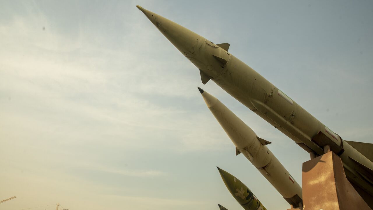 Iranian missiles are exhibited in a park on January 20, 2024 in Tehran, Iran.